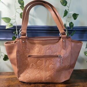 The Sake 100% Leather Embossed Floral Cowboy Purse Brown EUC